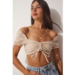 Happiness İst. BV00065 Kadın Bej Keten Karışımlı Büzgülü Crop Bluz