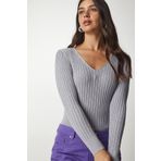 Happiness İst. BV00096 Kadın Gri V Yaka Fitilli Basic Bluz