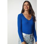 Happiness İst. BV00096 Kadın Mavi V Yaka Fitilli Basic Bluz