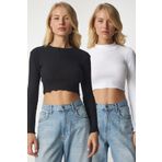 Happiness İst. CE00085 Kadın Beyaz Siyah Fitilli 2'Li Paket Triko Crop Bluz