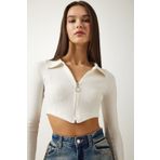 Happiness İst. CE00090 Kadın Ekru Fermuarlı Polo Yaka Crop Örme Bluz