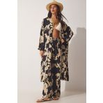 Happiness İst. CI00086 Kadın Siyah Bej Desenli Viskon Kimono Palazzo Pantolon Takım