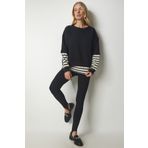 Happiness İst. CR00413 Kadın Siyah Çizgili T-Shirt Parçalı Örme Sweatshirt