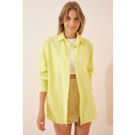 Happiness İst. DD00842 Kadın Açık Sarı Oversize Uzun Basic Gömlek