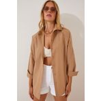 Happiness İst. DD00842 Kadın Camel Oversize Uzun Basic Gömlek