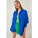 Happiness İst. DD00842 Kadın Canlı Mavi Oversize Uzun Basic Gömlek