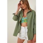 Happiness İst. DD00842 Kadın Haki Oversize Uzun Basic Gömlek