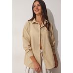 Happiness İst. DD00842 Kadın Koyu Krem Oversize Uzun Basic Gömlek