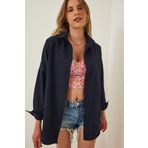 Happiness İst. DD00842 Kadın Lacivert Oversize Uzun Basic Gömlek