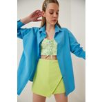 Happiness İst. DD00842 Kadın Mavi Oversize Uzun Basic Gömlek
