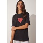 Happiness İst. DR00077 Kadın Siyah Işıltılı Kalp Baskılı Oversize Örme T-Shirt