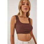 Happiness İst. GT00030 Kadın Kahverengi Askılı Fitilli Crop Örme Bluz