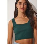 Happiness İst. GT00030 Kadın Zümrüt Yeşili Askılı Fitilli Crop Örme Bluz