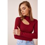 Happiness İst. GT00065 Kadın Bordo Cut Out Detaylı Fitilli Örme Bluz