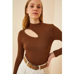 Happiness İst. GT00065 Kadın Kahverengi Cut Out Detaylı Fitilli Örme Bluz