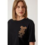 Happiness İst. HF00455 Siyah Ayıcık Armalı Crop Kadın T-Shirt