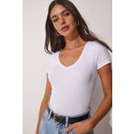 Happiness İst. HJ00001 Kadın Beyaz V Yaka Örme T-Shirt