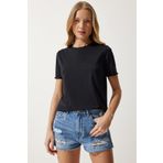 Happiness İst. Kadın Siyah Bisiklet Yaka Basic Örme T-Shirt UB00229