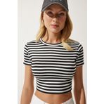 Happiness İst. Kadın Siyah Çizgili Crop Örme T-Shirt NJ00139