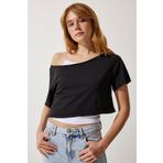 Happiness İst. Kadın Siyah Kayık Yaka Basic Crop Örme T-Shirt OW00028