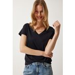 Happiness İst. Kadın Siyah V Yaka Basic Örme T-Shirt UB00261