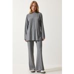 Happiness İst. KH00088 Kadın Gri Fitilli Örme Bluz Pantolon Takım