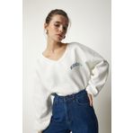 Happiness İst. MC00239 Kadın Ekru V Yaka Oversize Crop Örme Sweatshirt