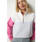 Happiness İst. NJ00130 Kadın Gri Pembe Fermuarlı Yaka Şardonlu Örme Crop Sweatshirt