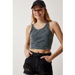 Happiness İst. NJ00135 Kadın Antrasit Halter Yaka Yıkamalı Crop Örme Bluz