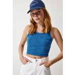 Happiness İst. NJ00135 Kadın Mavi Halter Yaka Yıkamalı Crop Örme Bluz