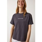 Happiness İst. NJ00141 Kadın Antrasit Baskılı Basic Örme T-Shirt