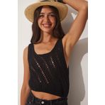 Happiness İst. NS00392 Kadın Siyah Askılı Ajurlu Crop Triko Bluz