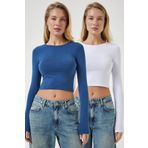 Happiness İst. OW00035 Kadın Beyaz İndigo Mavi Bisiklet Yaka Basic 2'Li Paket Crop Örme Bluz