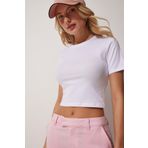 Happiness İst. UB00064 Kadın Beyaz Bisiklet Yaka Crop T-Shirt