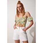 Happiness İst. UB00084 Kadın Sarı Baskılı Crop Viskon Örme T-Shirt