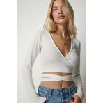 Happiness İst. UB00134 Kadın Ekru Bağlamalı Anvelop Yaka Crop Bluz