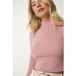 Happiness İst. ub00165 Kadın Gül Kurusu Dik Yaka Fitilli Kaşkorse Crop Bluz