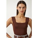 Happiness İst. US00358 Kadın Kahverengi Kare Yaka Triko Crop Bluz