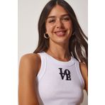 Happiness İst. US00904 Kadın Beyaz Halter Yaka Nakışlı Fitilli Crop Örme Bluz