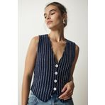 Happiness İst. WF00058 Kadın Lacivert Çizgili Şardonlu Triko Yelek