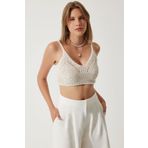 Happiness İstanbul BV00117 Krem İncili Triko Crop Triko Kadın Bluz
