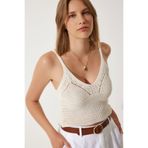 Happiness İstanbul BV00120 Krem Ajurlu Askılı Crop Triko Kadın Bluz