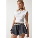 Happiness İstanbul HE00002 Antrasit Püsküllü Mini Denim Kadın Şort