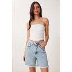 Happiness İstanbul Kadın Açık Mavi Taş Detaylı Püsküllü Mini Denim Şort RC00162