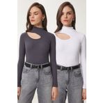Happiness İstanbul Kadın Antrasit Beyaz 2'Li Paket Cut Out Detaylı Fitilli Örme Bluz GT00235