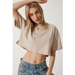 Happiness İstanbul Kadın Bej %100 Pamuk Oversize Crop Örme T-Shirt BP00164