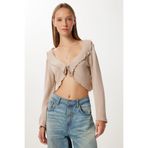 Happiness İstanbul Kadın Bej Volanlı Mevsimlik Crop Triko Bluz UB00432