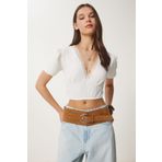 Happiness İstanbul Kadın Beyaz Balon Kollu Crop Örme Bluz ZV00278