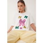Happiness İstanbul Kadın Beyaz Fiyonk Baskılı Örme T-Shirt VN00024