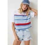 Happiness İstanbul Kadın Beyaz Mavi Bisiklet Yaka Çizgili Örme T-Shirt NJ00151